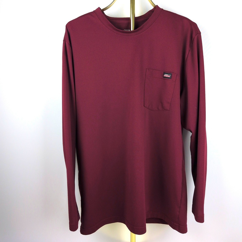 Dickies Mens Large Long Sleeve Pocket T-Shirt Burgundy Performance Work Shirt